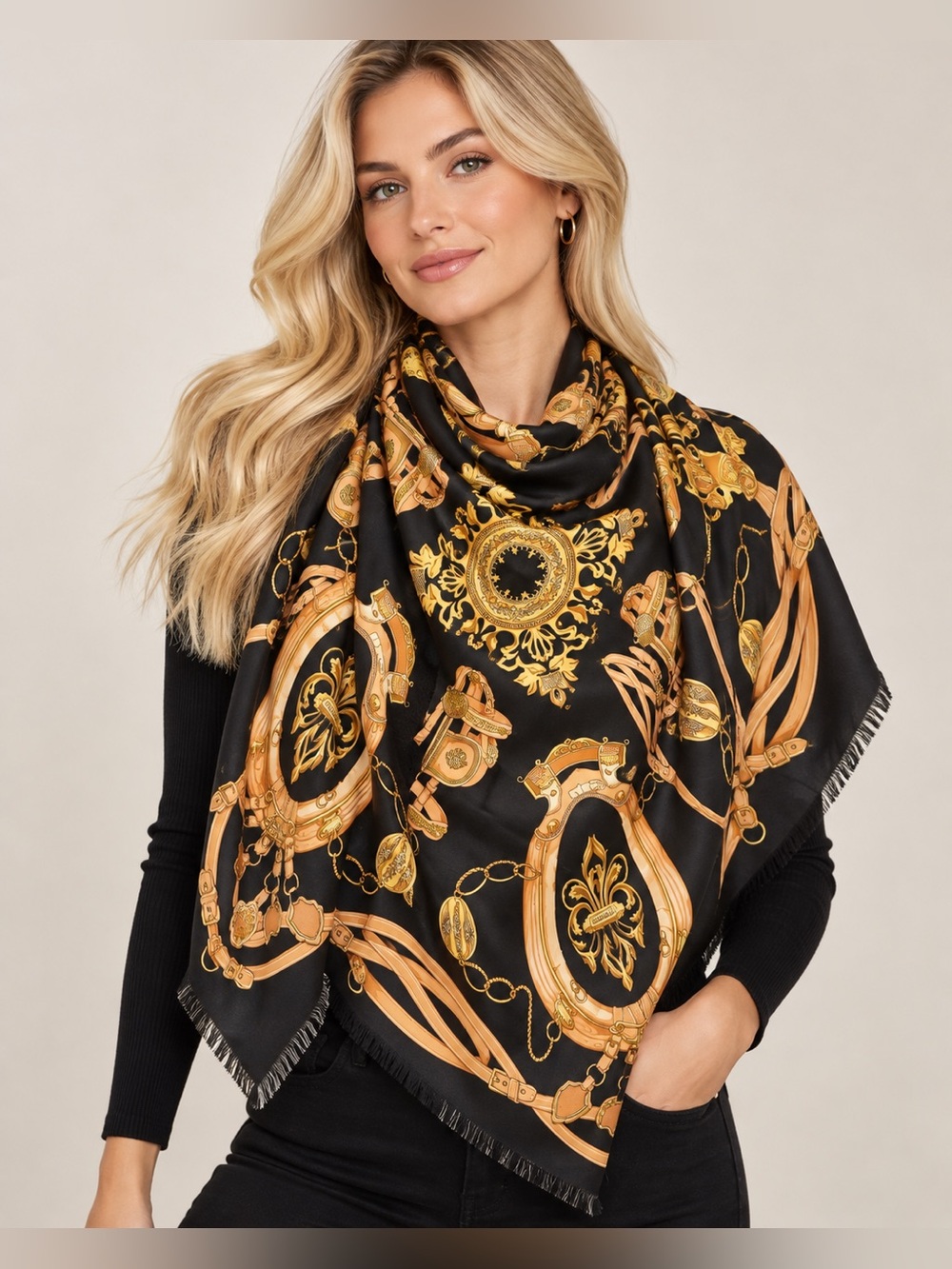 Ray Strauss Vintage Equestrian Scarf Black Gold Chain Bit Fringe 46x46 Italy